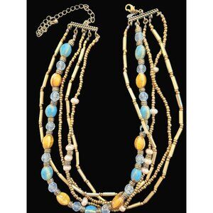 Premier Designs 5 Strand Glass Beads Pearl & Gold Tone Necklace